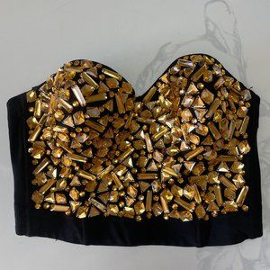Yellow Gold Rhinestone Jeweled Bustier/Corset Crop Top